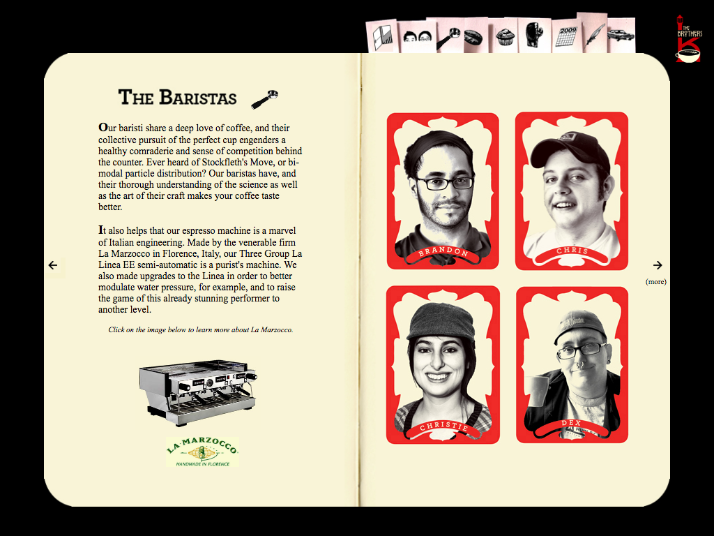 "The Baristas" page of the original Brothers K Coffee website ca. 2009