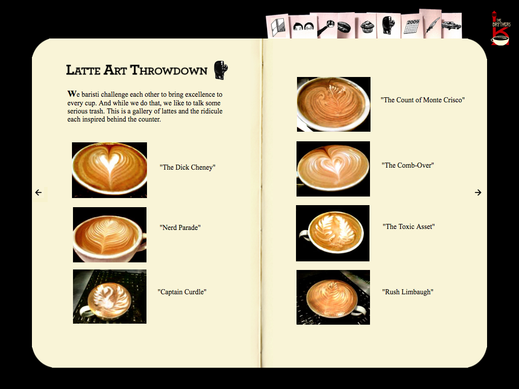 "Latte Art Throwdown" page of the original Brothers K Coffee website ca. 2009