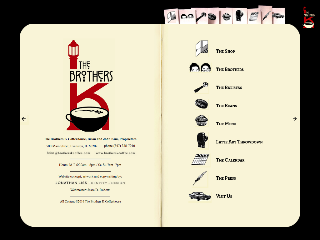 Navigation menu of the original Brothers K Coffee website (ca. 2009)
