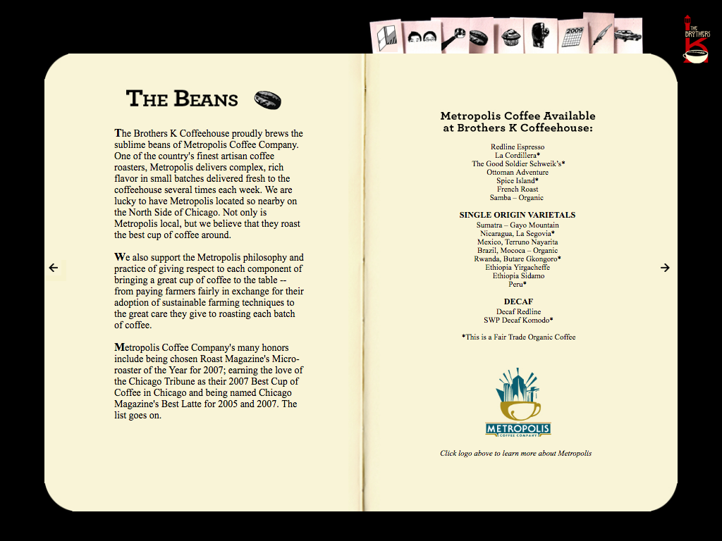 "The Beans" page of the original Brothers K Coffee website ca. 2009