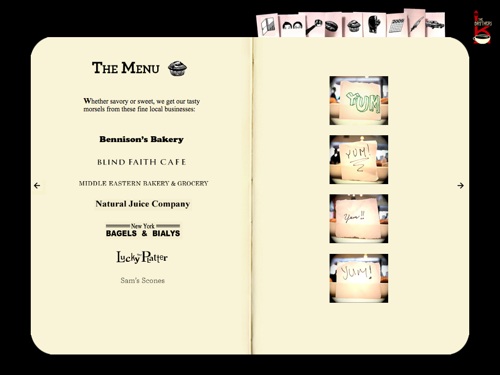 "The Menu" page of the original Brothers K Coffee website ca. 2009