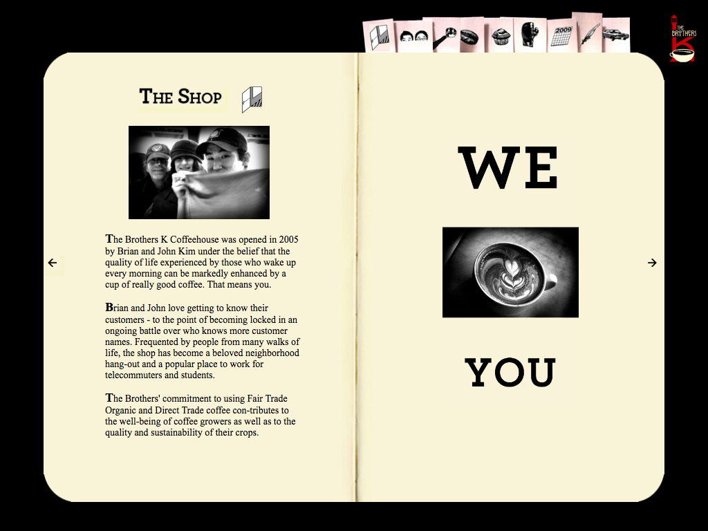 "The Shop" page of the original Brothers K Coffee website ca. 2009